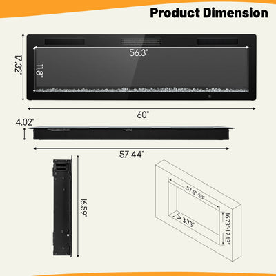 Electric Fireplace 40/50/60 Inches Recessed and Wall Mounted for 2' x 6' Stud-60 inches