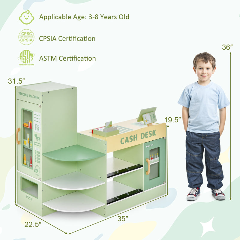 Kids Wooden Supermarket Play Toy Set with Checkout Counter-Green