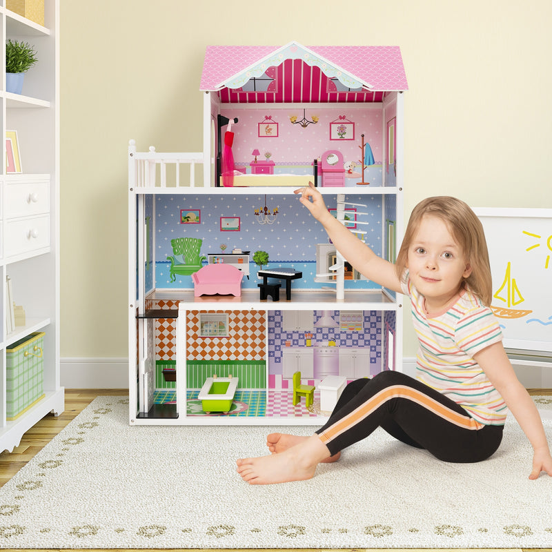 Wooden Dollhouse with Working Elevator and Rotatable Staircase-Pink