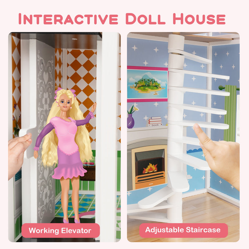 Wooden Dollhouse with Working Elevator and Rotatable Staircase-Pink