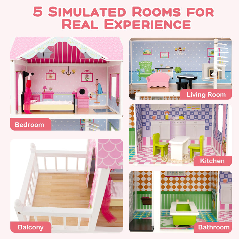 Wooden Dollhouse with Working Elevator and Rotatable Staircase-Pink