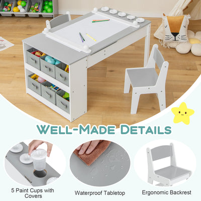 2-in-1 Kids Wooden Art Table and Art Easel Set with Chairs Storage Bins Paper Roll-Gray