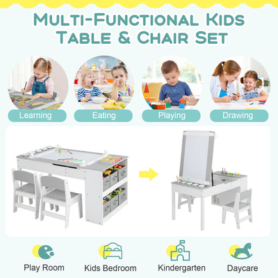 2-in-1 Kids Wooden Art Table and Art Easel Set with Chairs Storage Bins Paper Roll-Gray