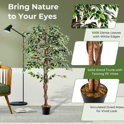 Artificial Ficus Tree Tall Faux Indoor Plant with 1008 Leaves Nursery Pot and Dried Moss