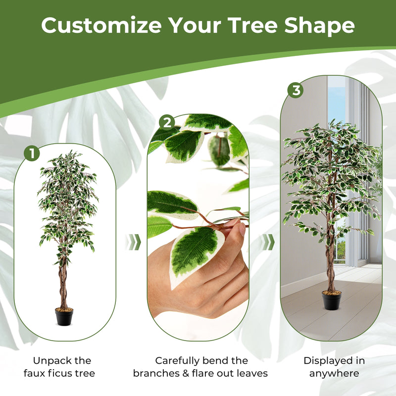 Artificial Ficus Tree Tall Faux Indoor Plant with 1008 Leaves Nursery Pot and Dried Moss