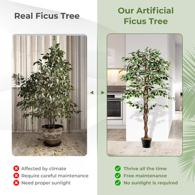 Artificial Ficus Tree Tall Faux Indoor Plant with 1008 Leaves Nursery Pot and Dried Moss