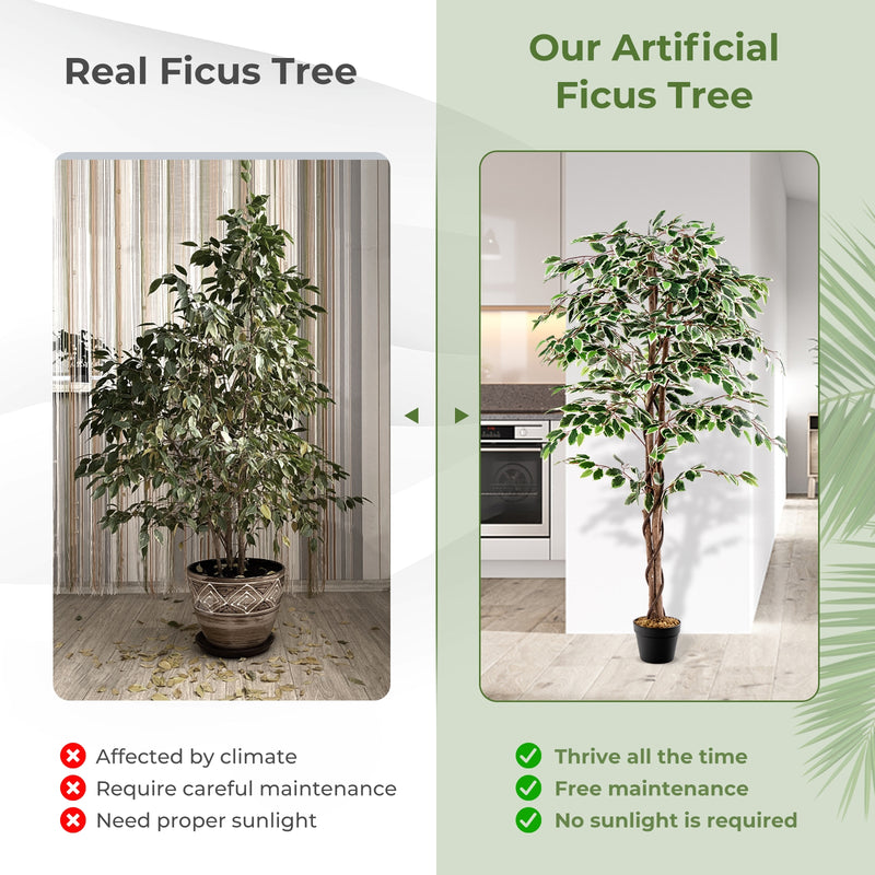 Artificial Ficus Tree Tall Faux Indoor Plant with 1008 Leaves Nursery Pot and Dried Moss