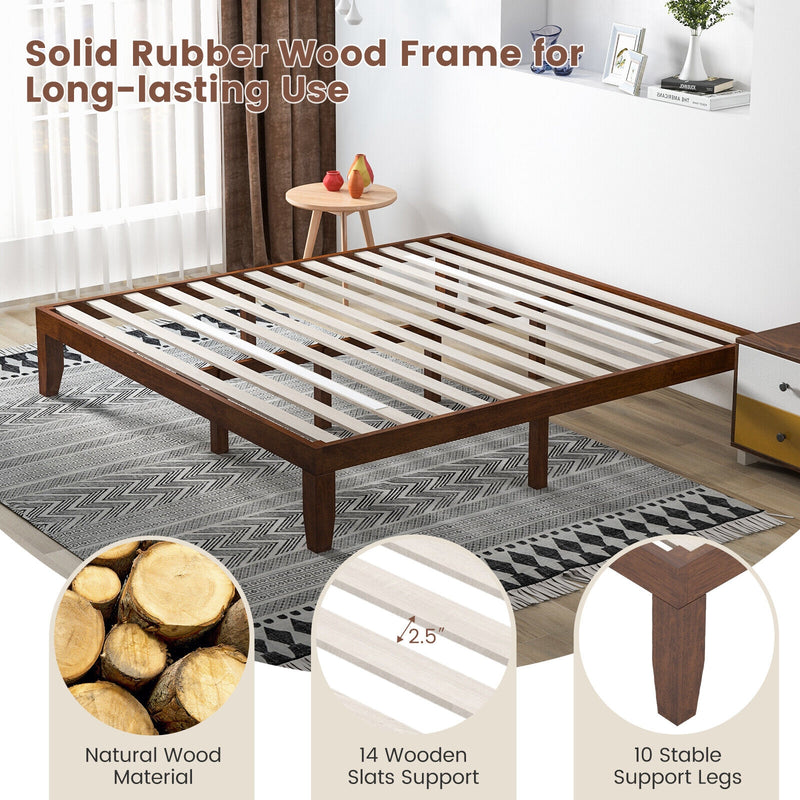 14 Inch King Size Rubber Wood Platform Bed Frame with Wood Slat Support-Walnut