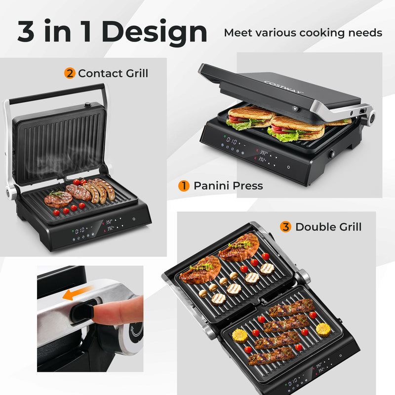 3 in 1 Indoor Electric Panini Press Grill with LED Display-Black