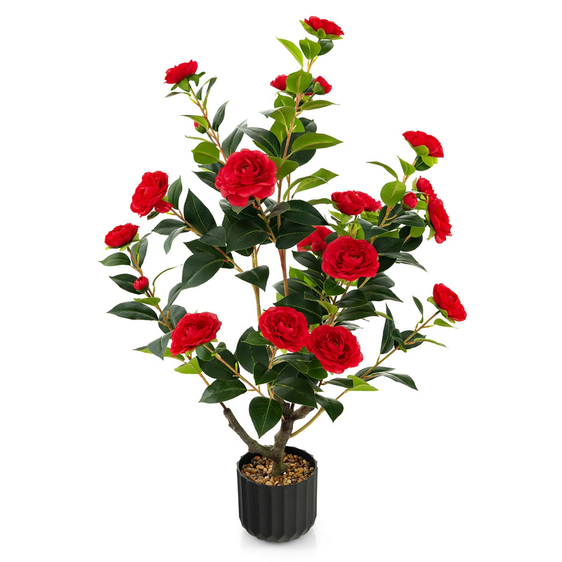 38 Inch Artificial Camellia Tree Faux Flower Plant in Cement Pot-Red