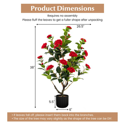 38 Inch Artificial Camellia Tree Faux Flower Plant in Cement Pot-Red