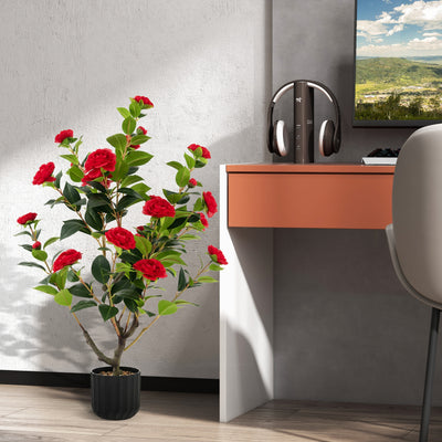 38 Inch Artificial Camellia Tree Faux Flower Plant in Cement Pot-Red