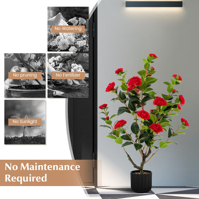 38 Inch Artificial Camellia Tree Faux Flower Plant in Cement Pot-Red