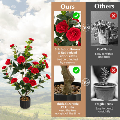 38 Inch Artificial Camellia Tree Faux Flower Plant in Cement Pot-Red