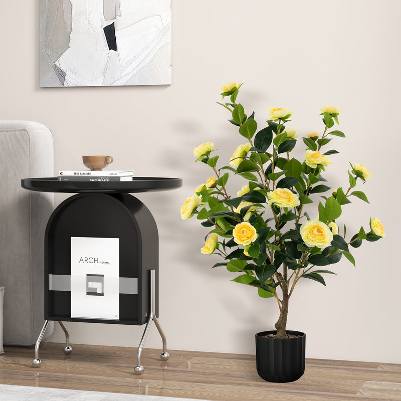 38 Inch Artificial Camellia Tree Faux Flower Plant in Cement Pot-Yellow