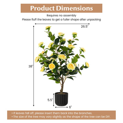 38 Inch Artificial Camellia Tree Faux Flower Plant in Cement Pot-Yellow