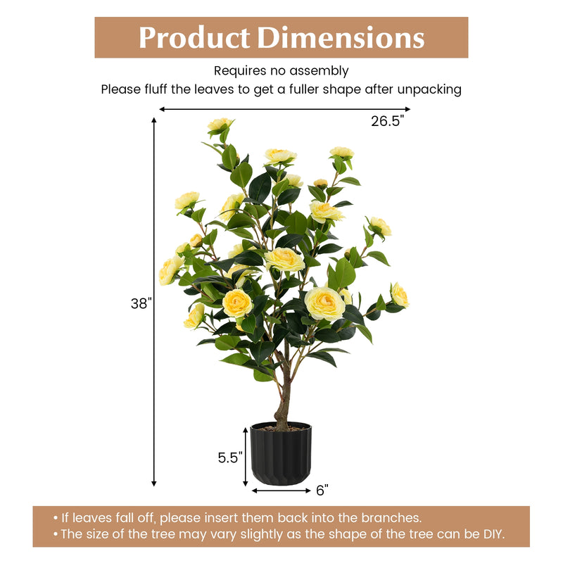 38 Inch Artificial Camellia Tree Faux Flower Plant in Cement Pot-Yellow