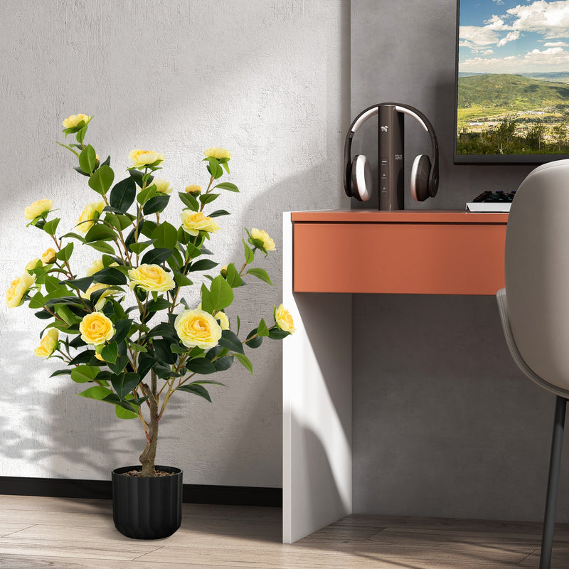 38 Inch Artificial Camellia Tree Faux Flower Plant in Cement Pot-Yellow