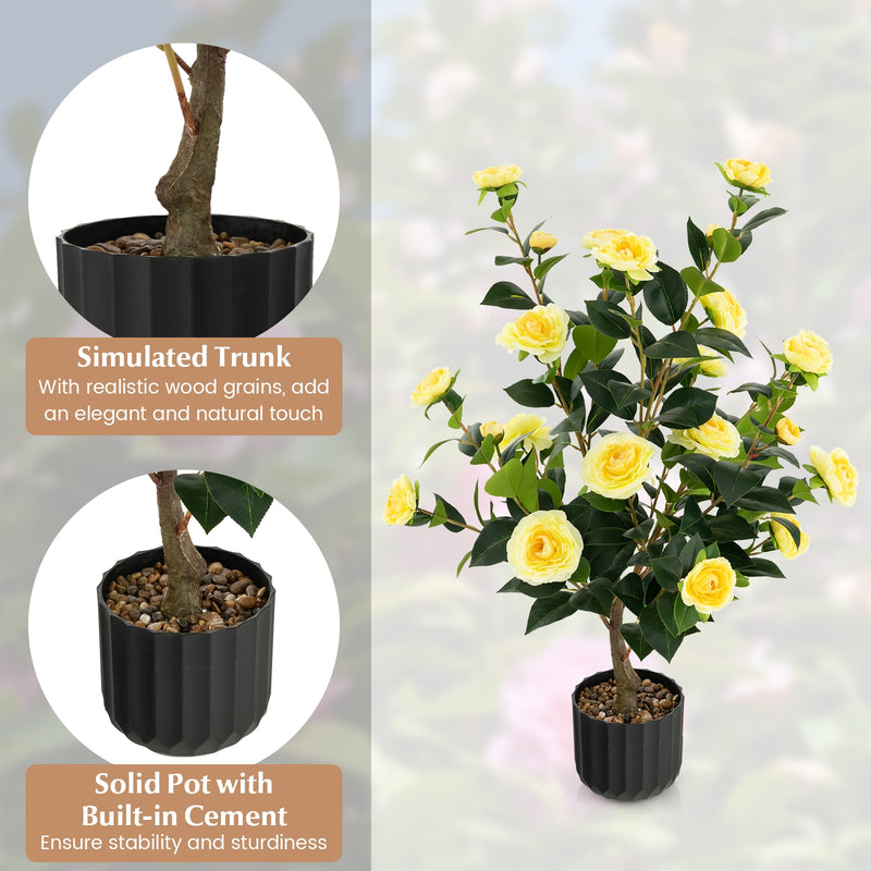 38 Inch Artificial Camellia Tree Faux Flower Plant in Cement Pot-Yellow