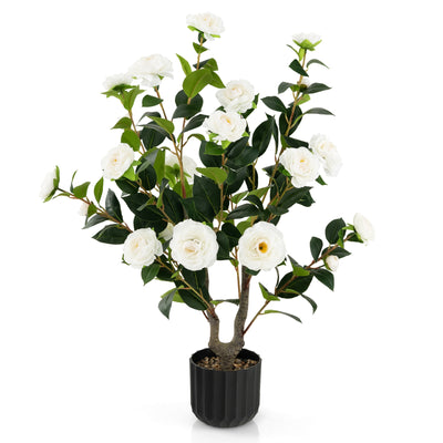 38 Inch Artificial Camellia Tree Faux Flower Plant in Cement Pot-White