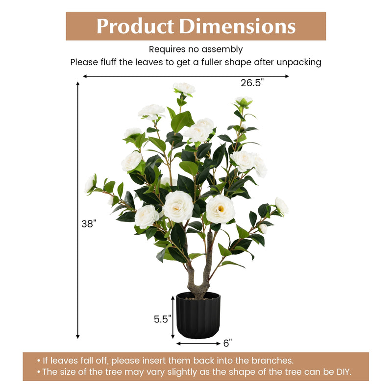 38 Inch Artificial Camellia Tree Faux Flower Plant in Cement Pot-White