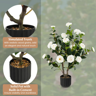 38 Inch Artificial Camellia Tree Faux Flower Plant in Cement Pot-White