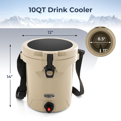 10 QT Drink Cooler Insulated Ice Chest with Spigot Flat Seat Lid and Adjustable Strap-Beige