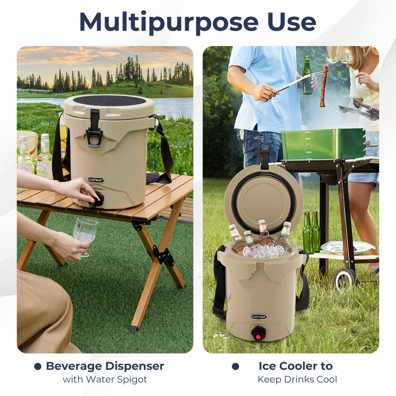 10 QT Drink Cooler Insulated Ice Chest with Spigot Flat Seat Lid and Adjustable Strap-Beige