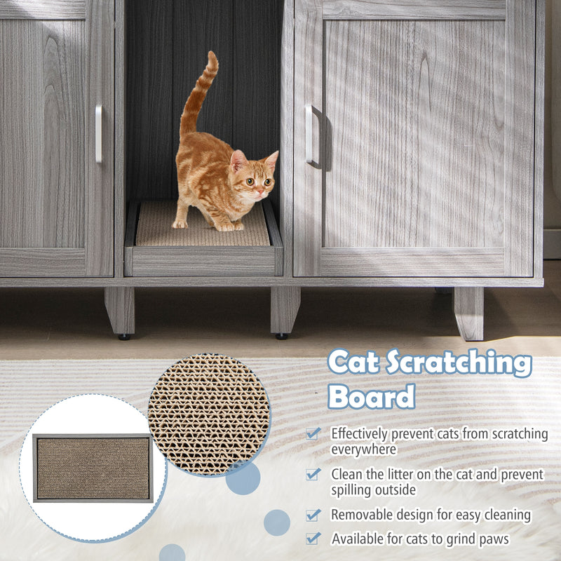 2-Door Cat Litter Box Enclosure with Winding Entry and Scratching Board-Oak