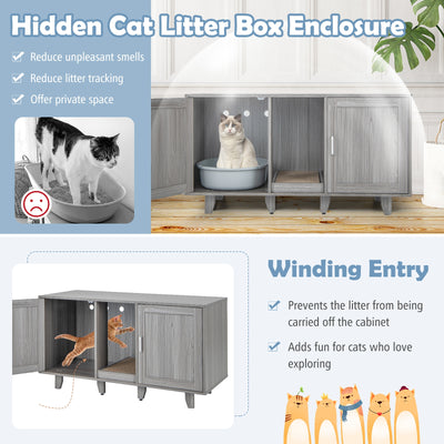 2-Door Cat Litter Box Enclosure with Winding Entry and Scratching Board-Oak