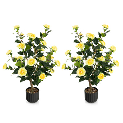 38 Inch Artificial Camellia Tree Faux Flower Plant in Cement Pot 2 Pack-Yellow