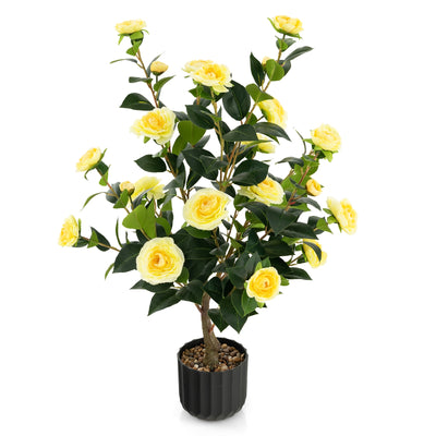 38 Inch Artificial Camellia Tree Faux Flower Plant in Cement Pot 2 Pack-Yellow