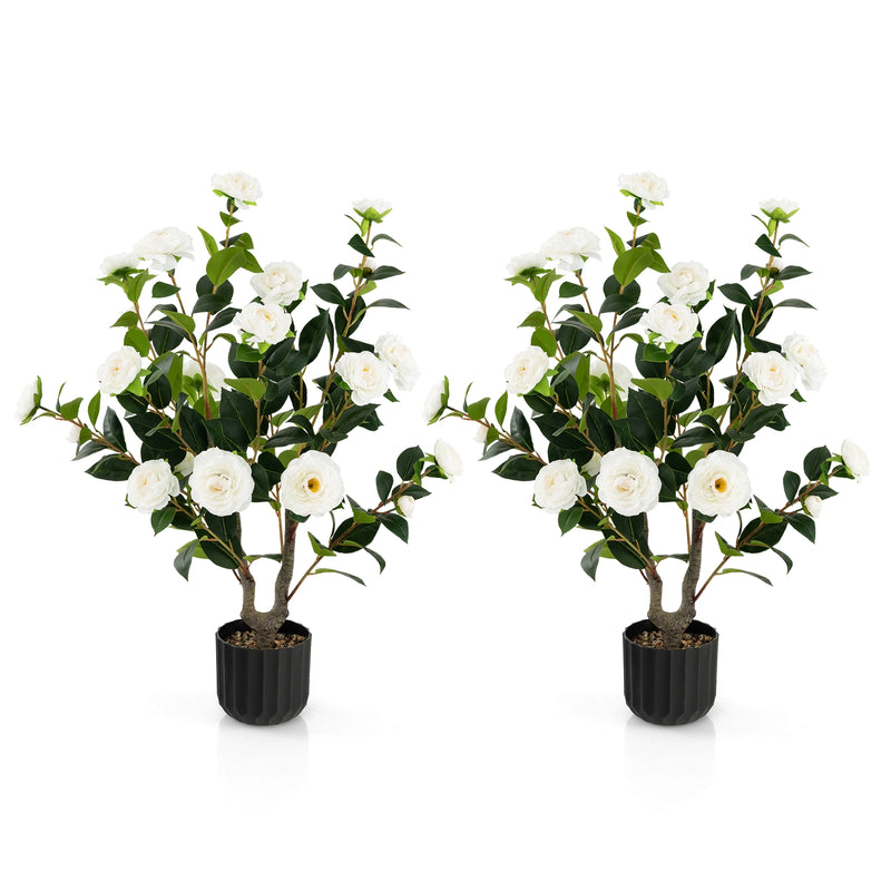 38 Inch Artificial Camellia Tree Faux Flower Plant in Cement Pot 2 Pack-White