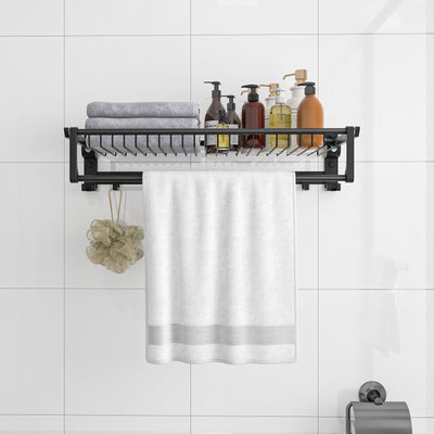 Wall Mounted Towel Shelf with Adjustable Towel Bar and Movable Hooks No Assembly Required