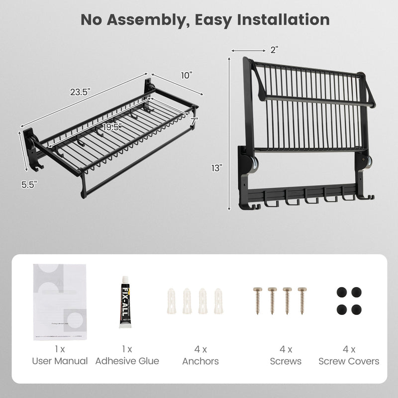 Wall Mounted Towel Shelf with Adjustable Towel Bar and Movable Hooks No Assembly Required