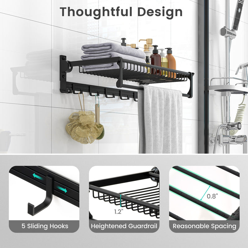 Wall Mounted Towel Shelf with Adjustable Towel Bar and Movable Hooks No Assembly Required