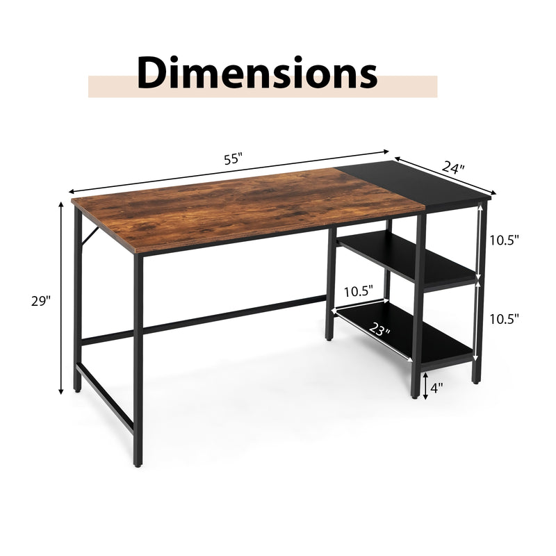 55 Inch Modern Industrial Style Study Writing Desk with 2 Storage Shelves-Brown