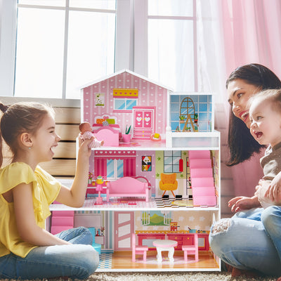 Kids Wooden Dollhouse Playset with 5 Simulated Rooms and 10 Pieces of Furniture-Pink