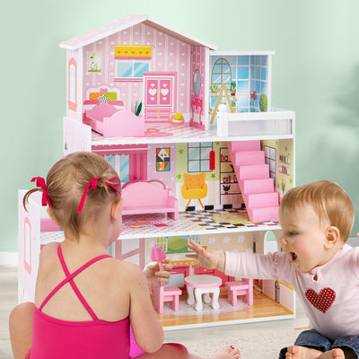 Kids Wooden Dollhouse Playset with 5 Simulated Rooms and 10 Pieces of Furniture-Pink