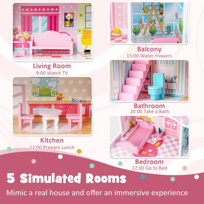 Kids Wooden Dollhouse Playset with 5 Simulated Rooms and 10 Pieces of Furniture-Pink