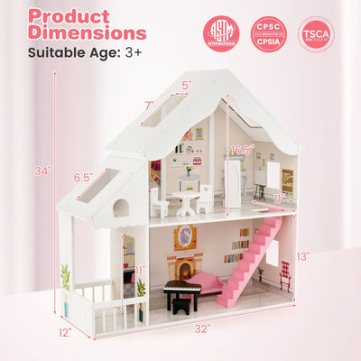 Semi-Opened DIY Dollhouse with Simulated Rooms and Furniture Set-White