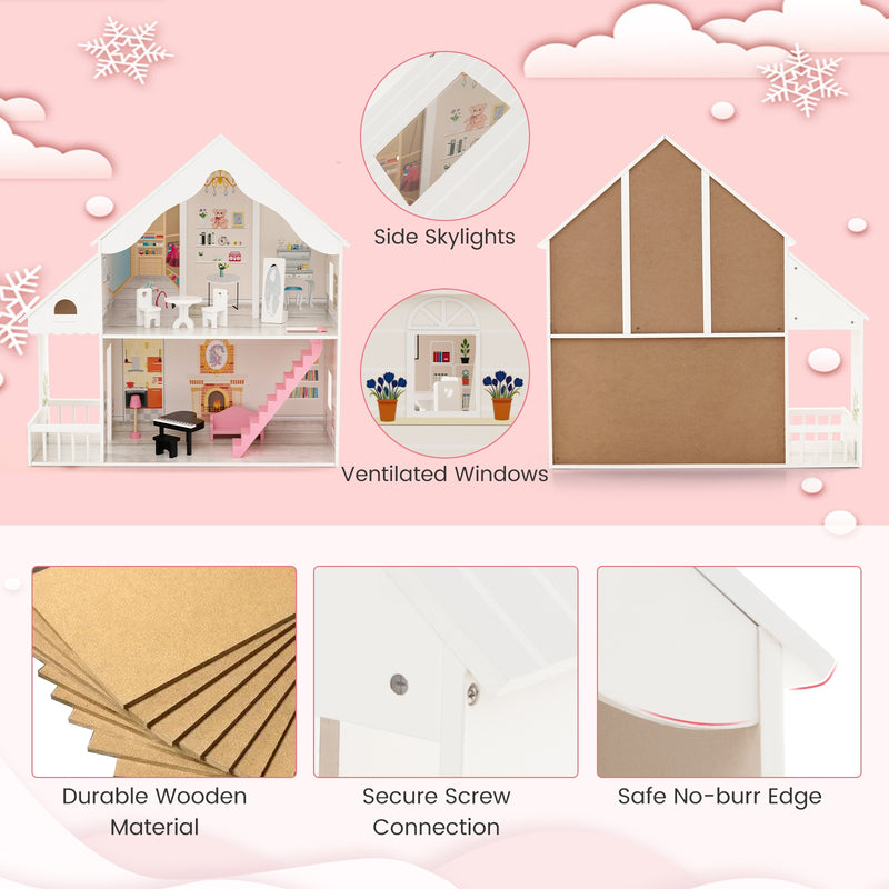 Semi-Opened DIY Dollhouse with Simulated Rooms and Furniture Set-White