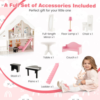 Semi-Opened DIY Dollhouse with Simulated Rooms and Furniture Set-White