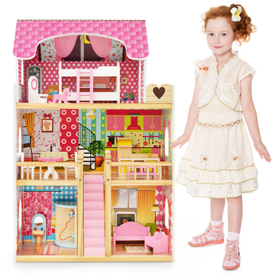 Doll House Playset with 3 Stories and 6 Simulated Rooms and 15 Pieces of Furniture-Pink