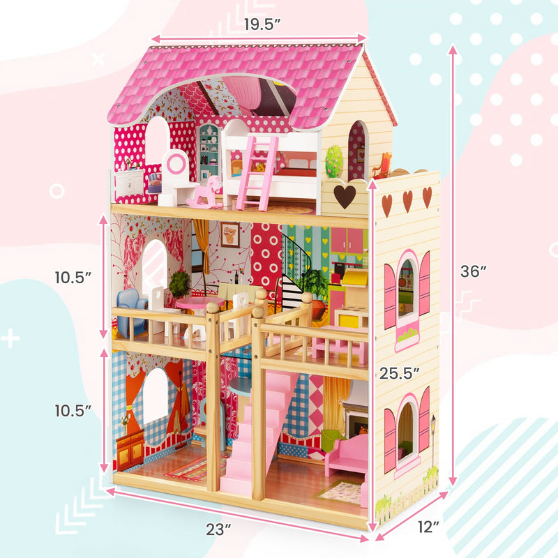 Doll House Playset with 3 Stories and 6 Simulated Rooms and 15 Pieces of Furniture-Pink