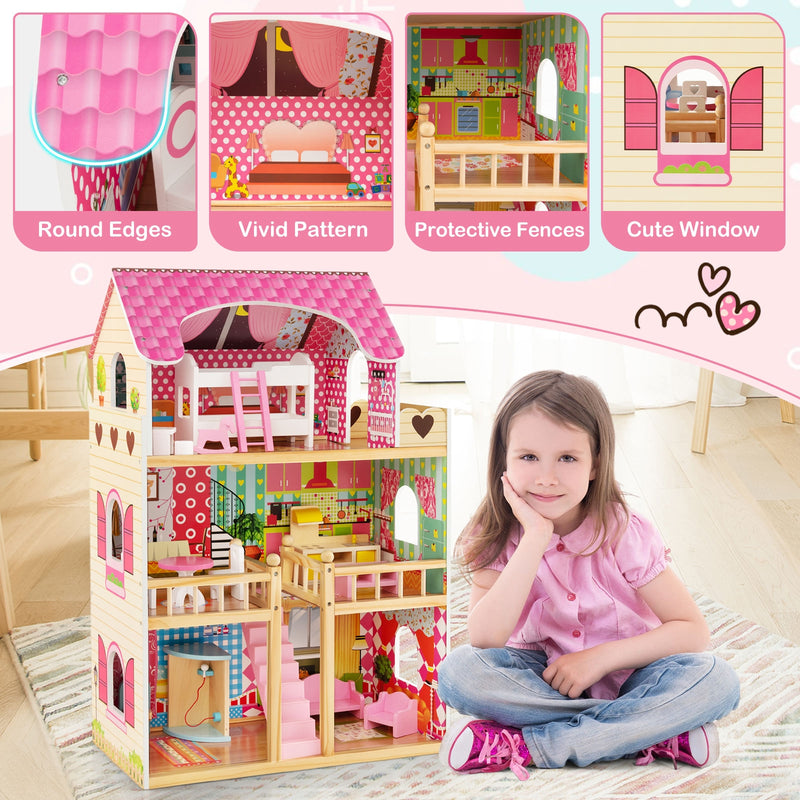 Doll House Playset with 3 Stories and 6 Simulated Rooms and 15 Pieces of Furniture-Pink