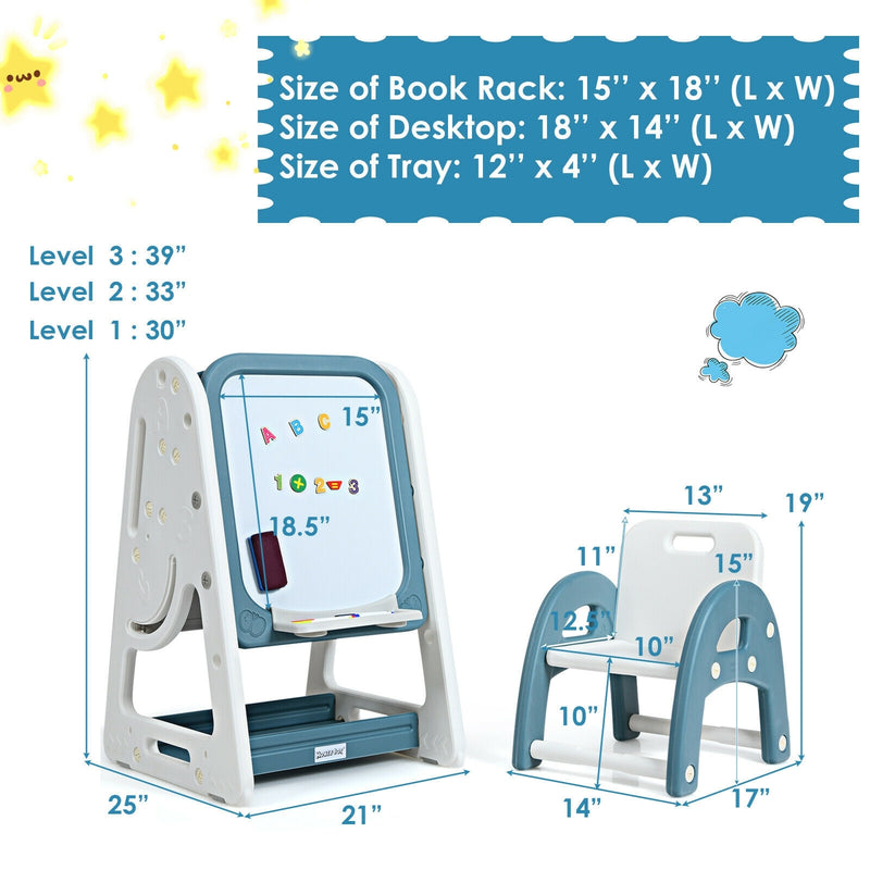 2-in-1 Kids Easel Desk Chair Set Book Rack Adjustable Art Painting Board-Blue