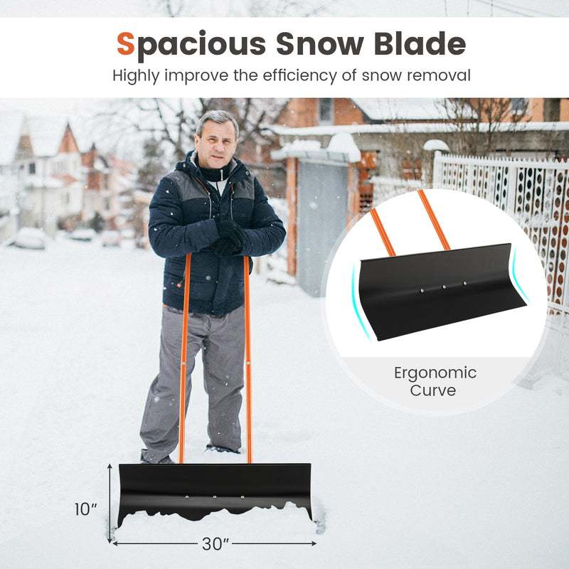 Snow Shovel with Wheels with 30 Inches Wide Blade and Adjustable Handle-Orange