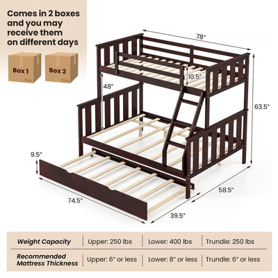 3-in-1 Twin Over Full Bunk Bed with Trundle and Ladder-Espresso