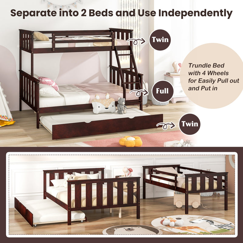 3-in-1 Twin Over Full Bunk Bed with Trundle and Ladder-Espresso